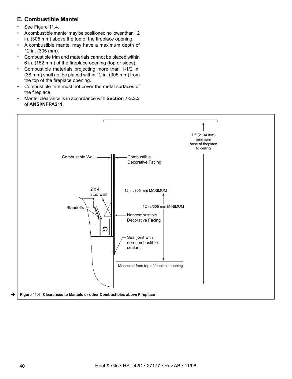 E. combustible mantel | Hearth and Home Technologies Wood Burning Fireplace HST-42D User Manual | Page 40 / 48