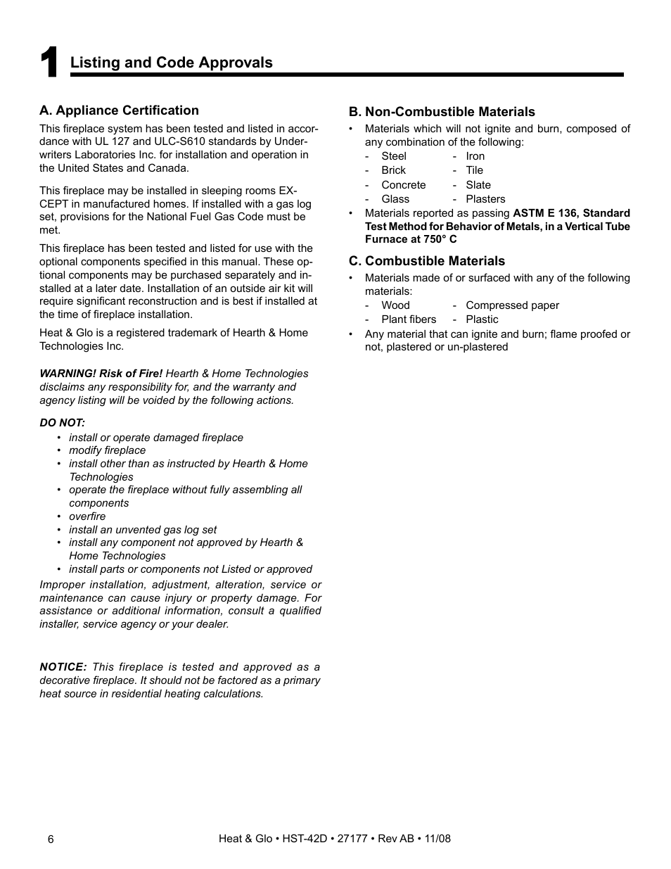 Listing and code approvals | Hearth and Home Technologies Wood Burning Fireplace HST-42D User Manual | Page 6 / 48
