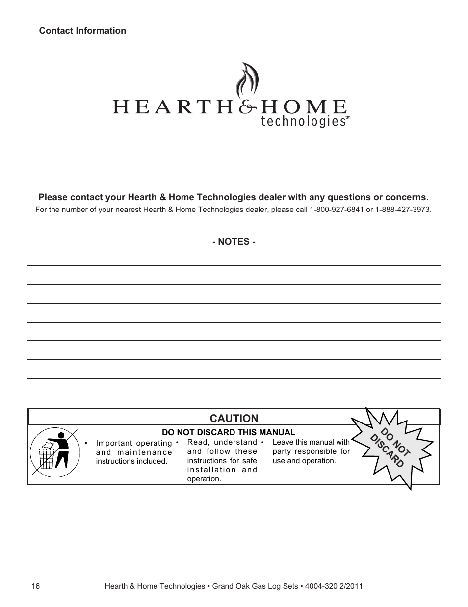 Caution | Hearth and Home Technologies ODGO324-IPI-NG User Manual | Page 16 / 16