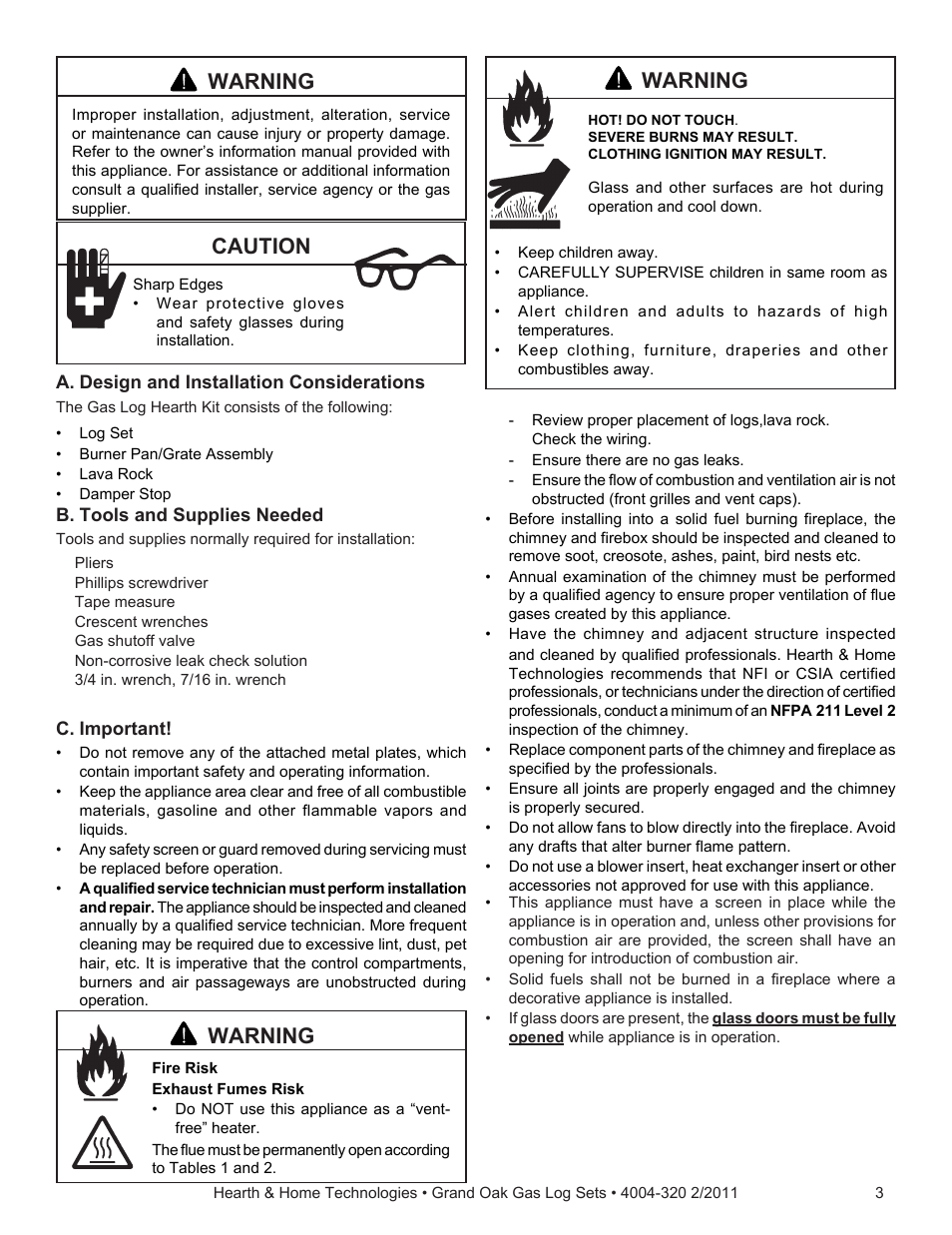 Warning, Caution | Hearth and Home Technologies ODGO324-IPI-NG User Manual | Page 3 / 16