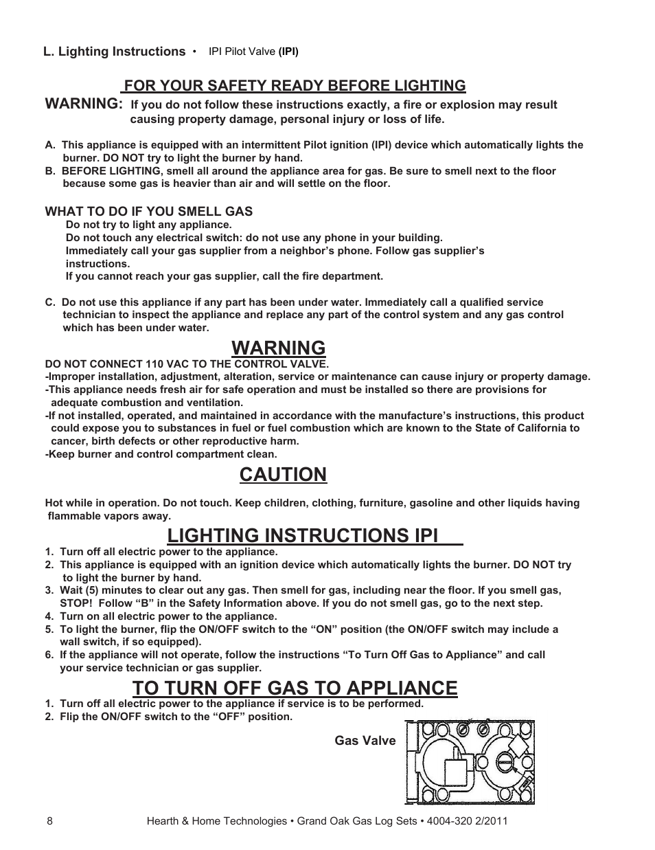 Caution, Lighting instructions ipi, For your safety ready before lighting | Warning | Hearth and Home Technologies ODGO324-IPI-NG User Manual | Page 8 / 16