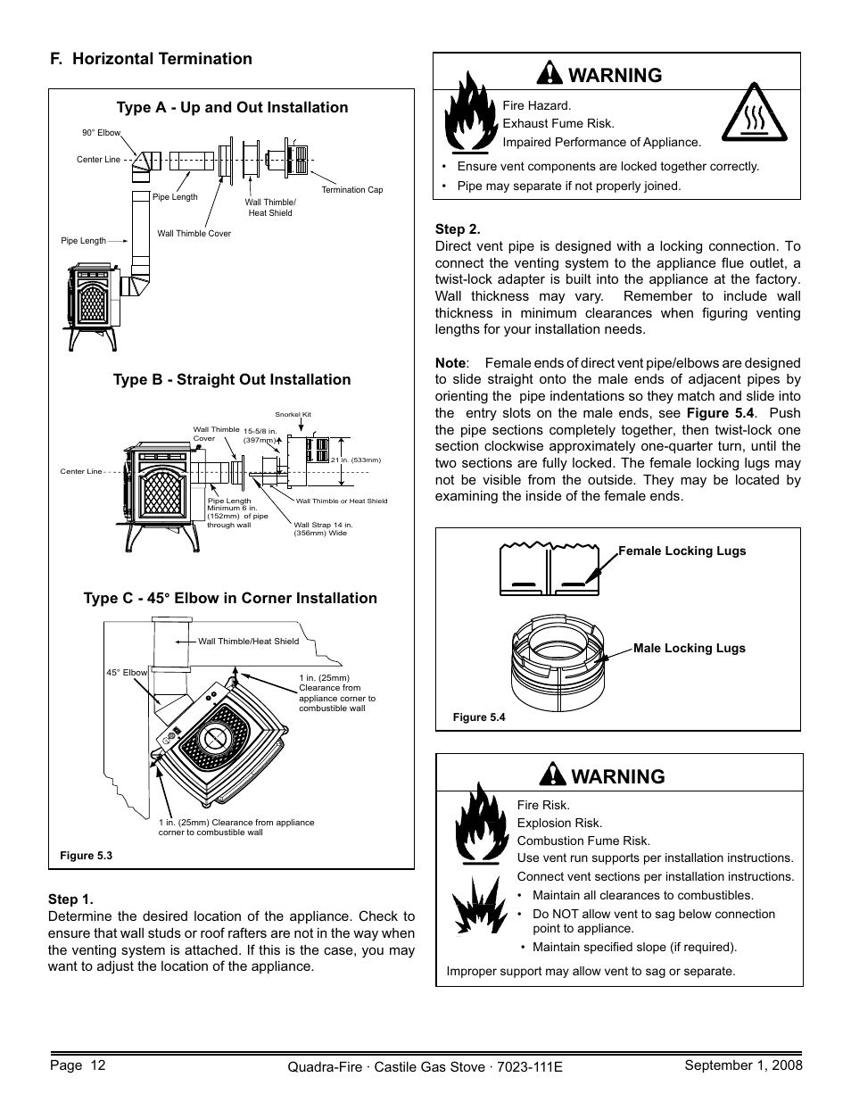 Warning, F. horizontal termination, Elbow in corner installation | Hearth and Home Technologies CASTILE-GAS-MBK User Manual | Page 12 / 56