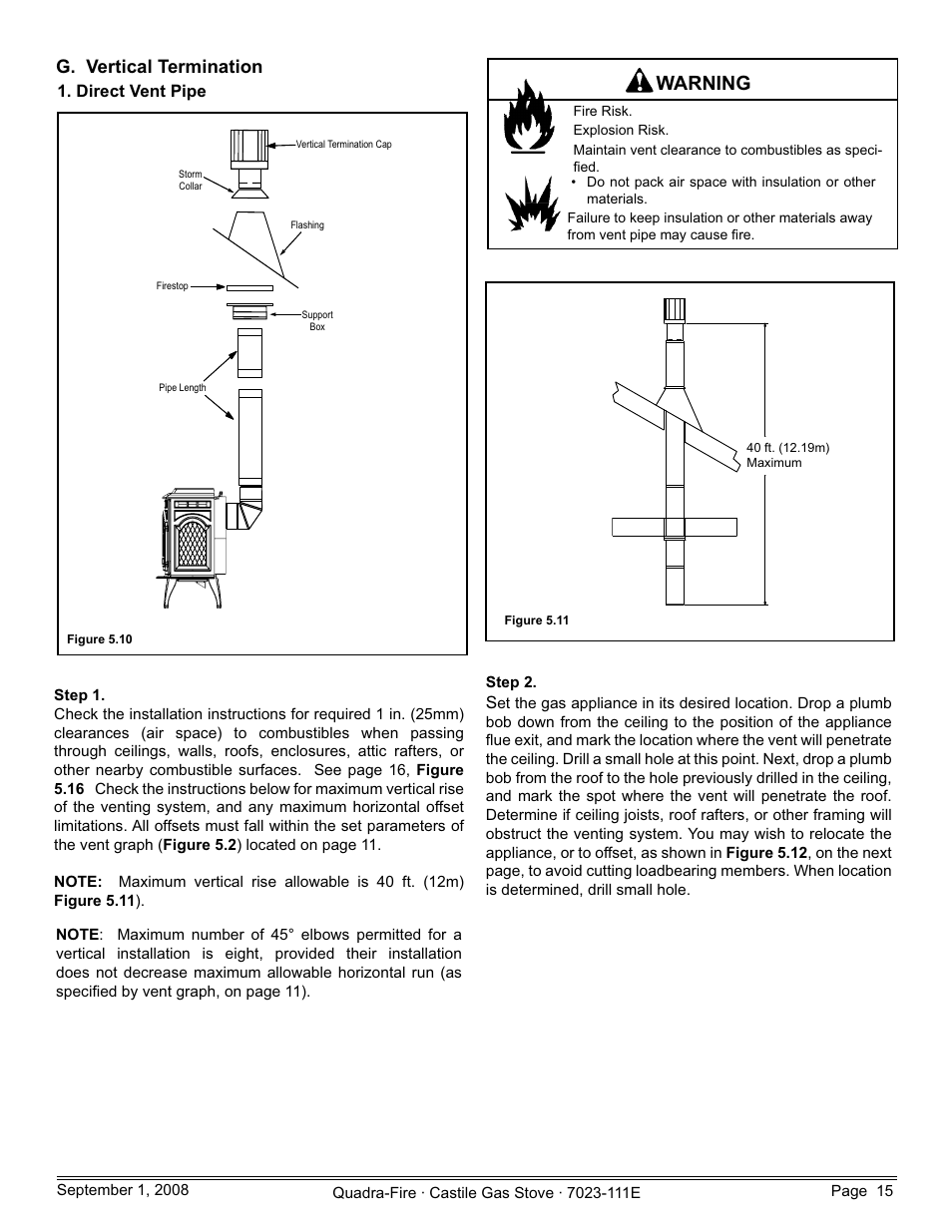 Warning, G. vertical termination, Direct vent pipe | Hearth and Home Technologies CASTILE-GAS-MBK User Manual | Page 15 / 56