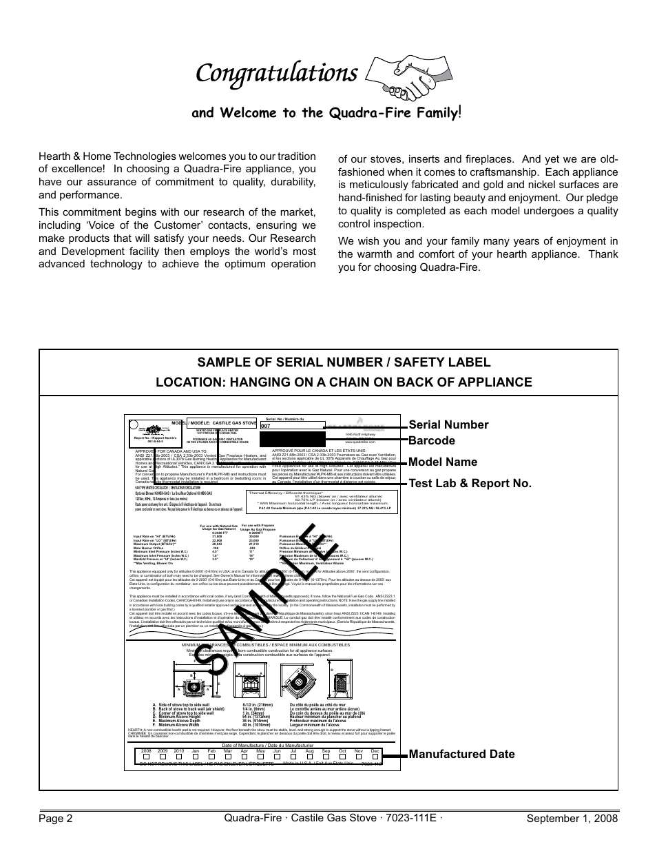 Sample, And welcome to the quadra-fire family | Hearth and Home Technologies CASTILE-GAS-MBK User Manual | Page 2 / 56