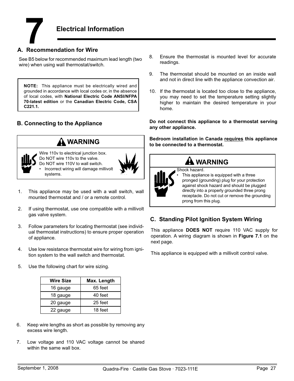 Electrical information, Warning | Hearth and Home Technologies CASTILE-GAS-MBK User Manual | Page 27 / 56