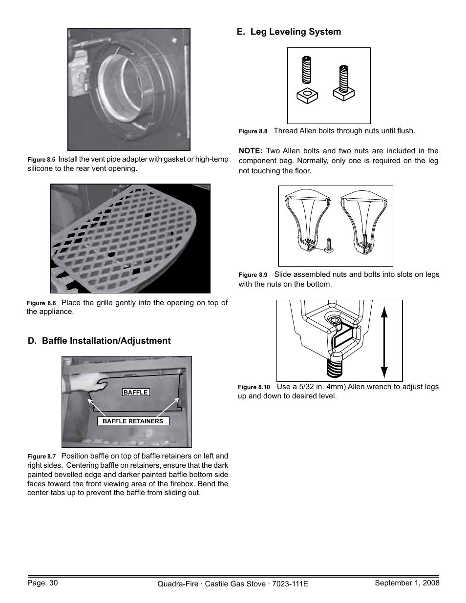 D. bafﬂe installation/adjustment, E. leg leveling system | Hearth and Home Technologies CASTILE-GAS-MBK User Manual | Page 30 / 56