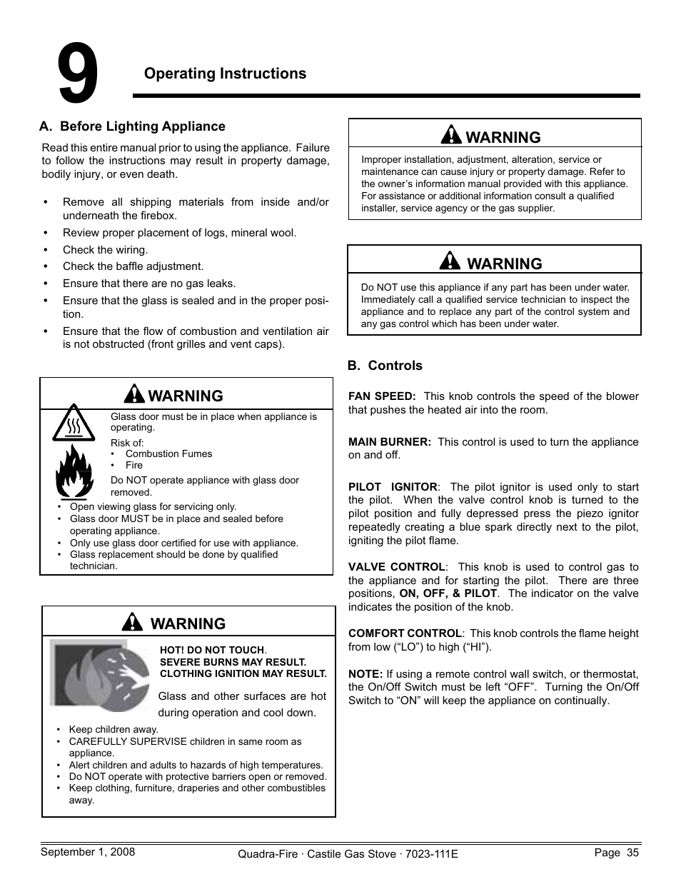 Operating instructions, Warning | Hearth and Home Technologies CASTILE-GAS-MBK User Manual | Page 35 / 56