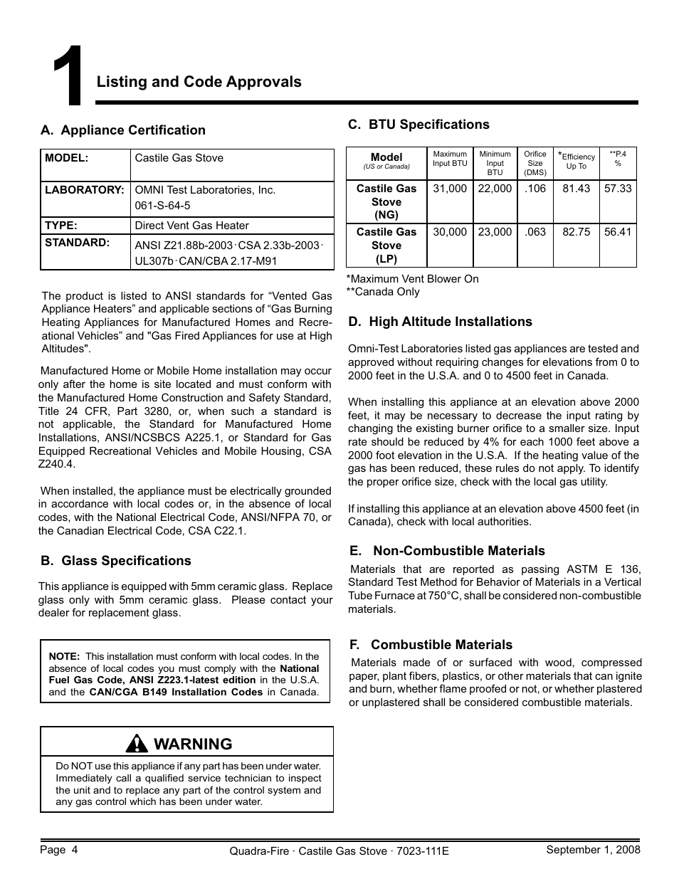 Listing and code approvals, Warning | Hearth and Home Technologies CASTILE-GAS-MBK User Manual | Page 4 / 56