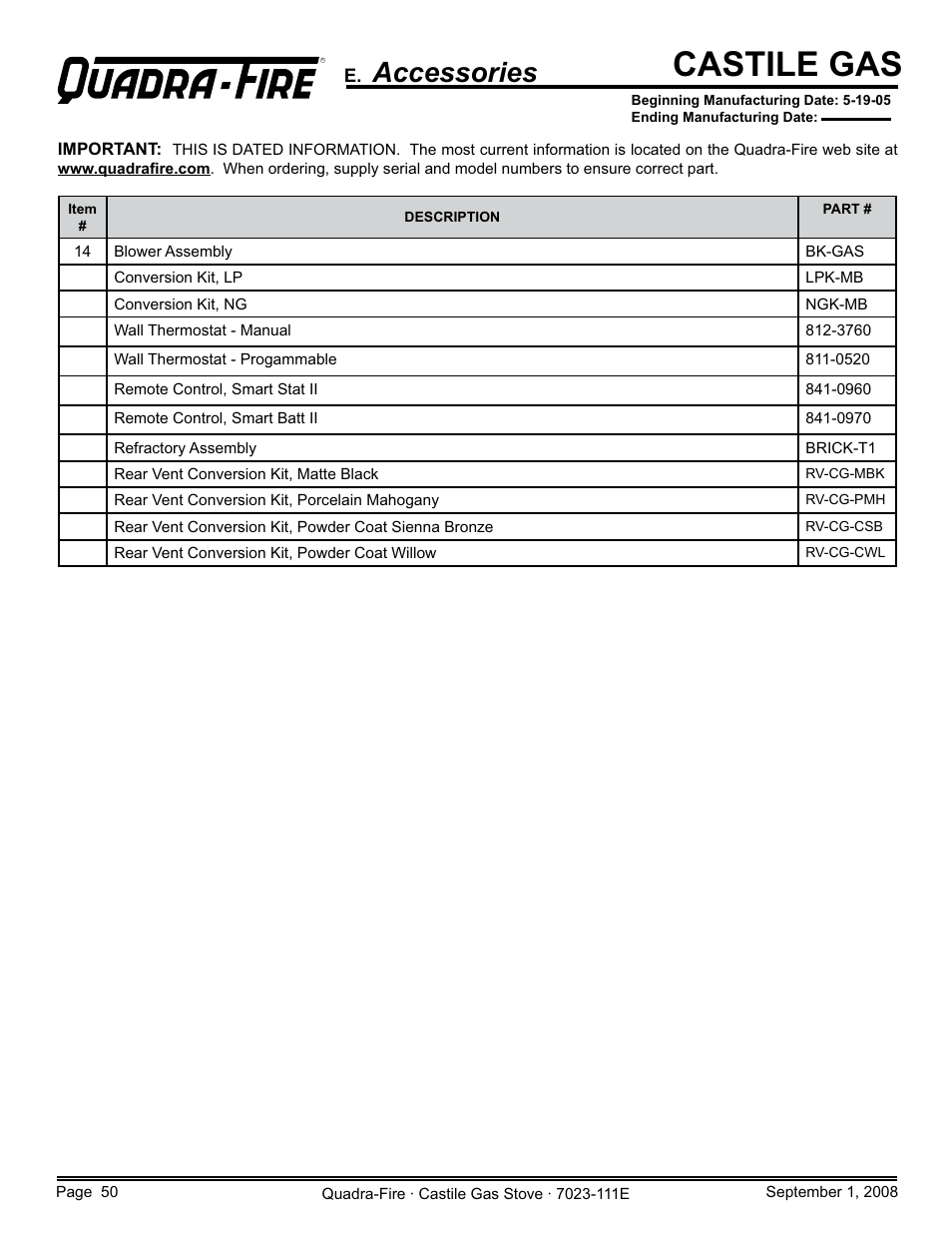 Castile gas, Accessories | Hearth and Home Technologies CASTILE-GAS-MBK User Manual | Page 50 / 56