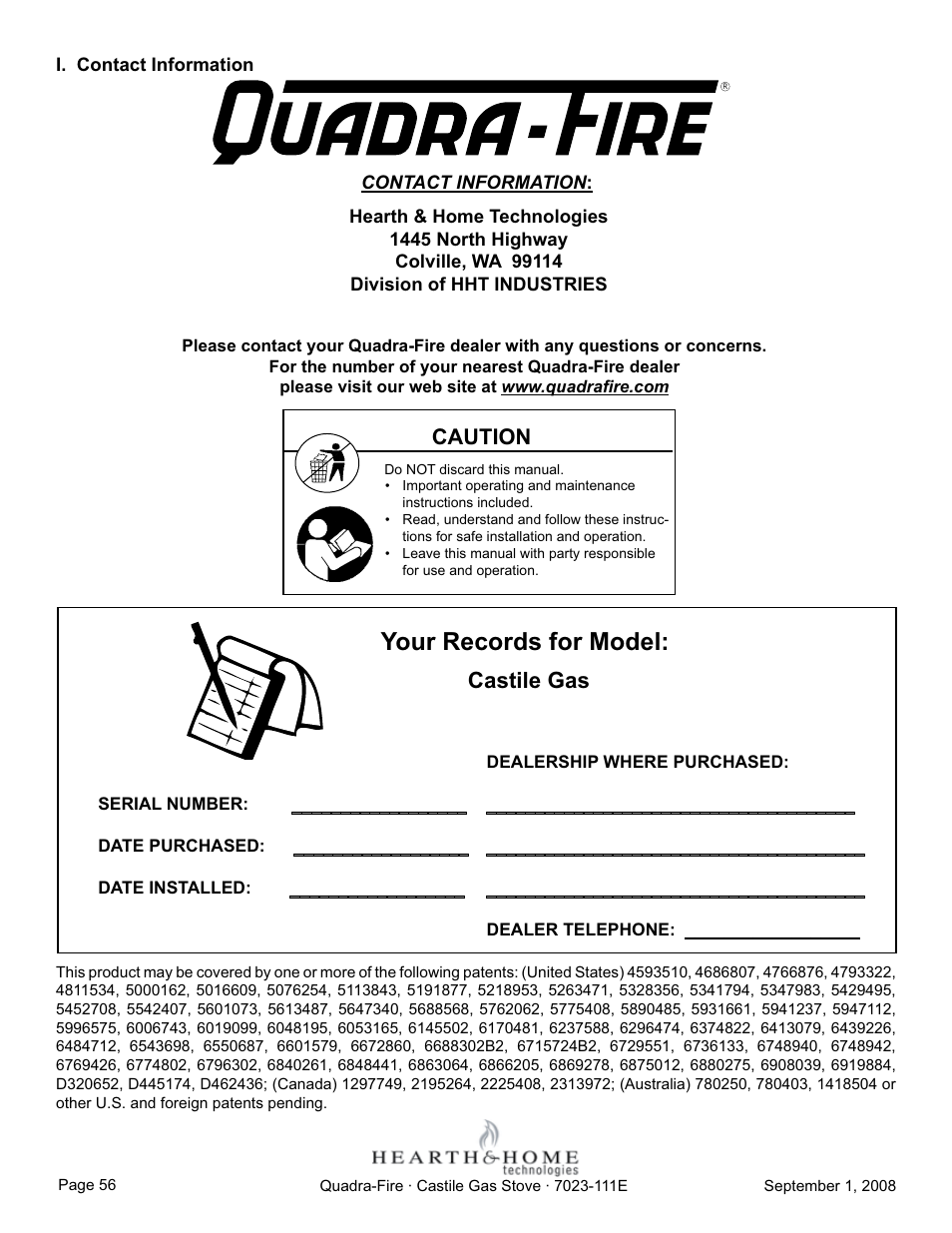 Your records for model, Castile gas, Caution | Hearth and Home Technologies CASTILE-GAS-MBK User Manual | Page 56 / 56
