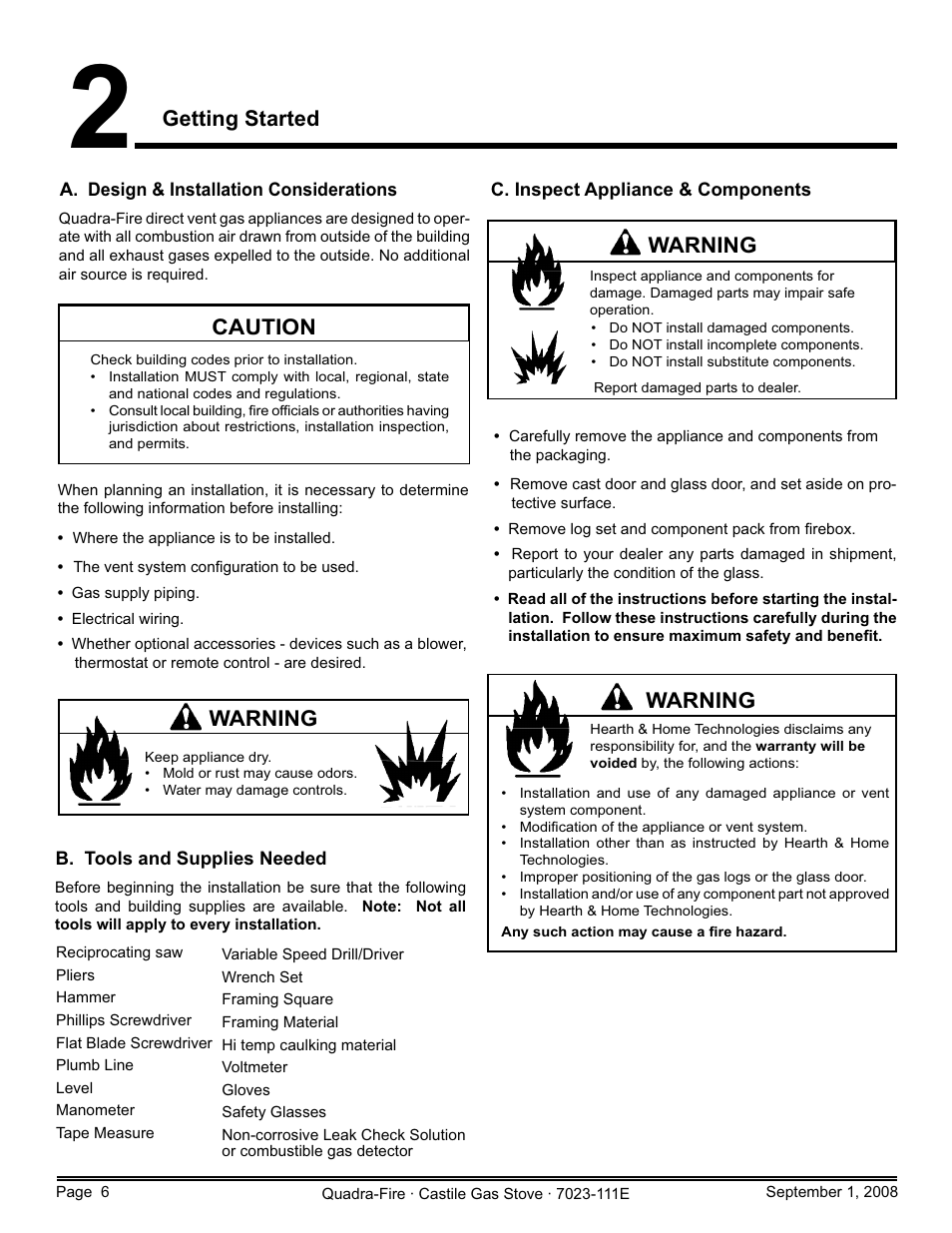 Getting started, Caution, Warning | Hearth and Home Technologies CASTILE-GAS-MBK User Manual | Page 6 / 56