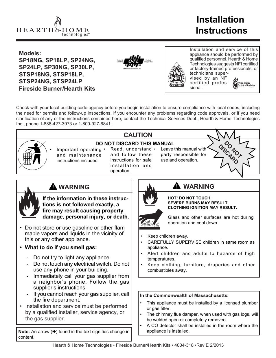 Hearth and Home Technologies Fireside Burner/Hearth Kits SP18NG User Manual | 21 pages