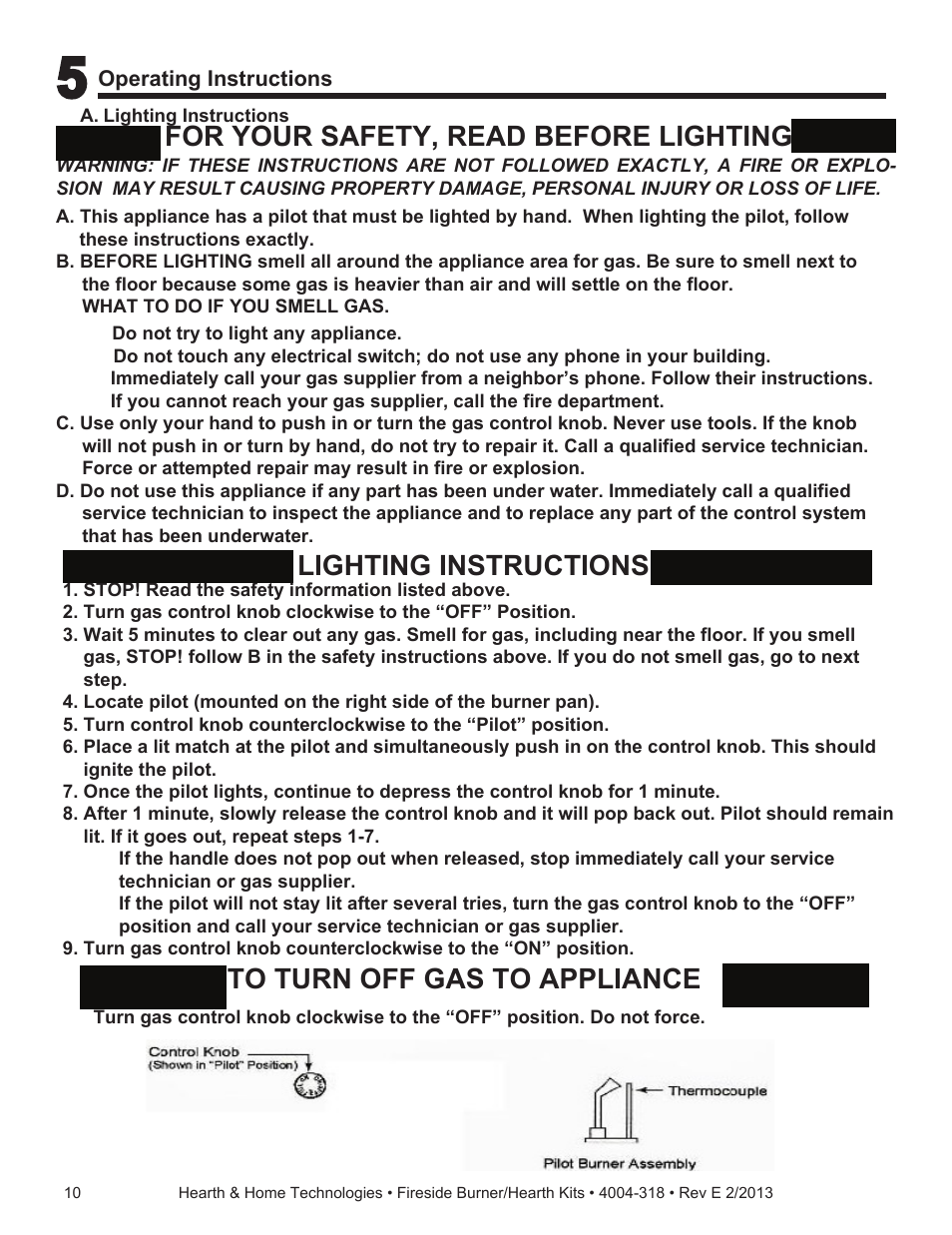 For your safety, read before lighting, Lighting instructions to turn off gas to appliance | Hearth and Home Technologies Fireside Burner/Hearth Kits SP18NG User Manual | Page 10 / 21