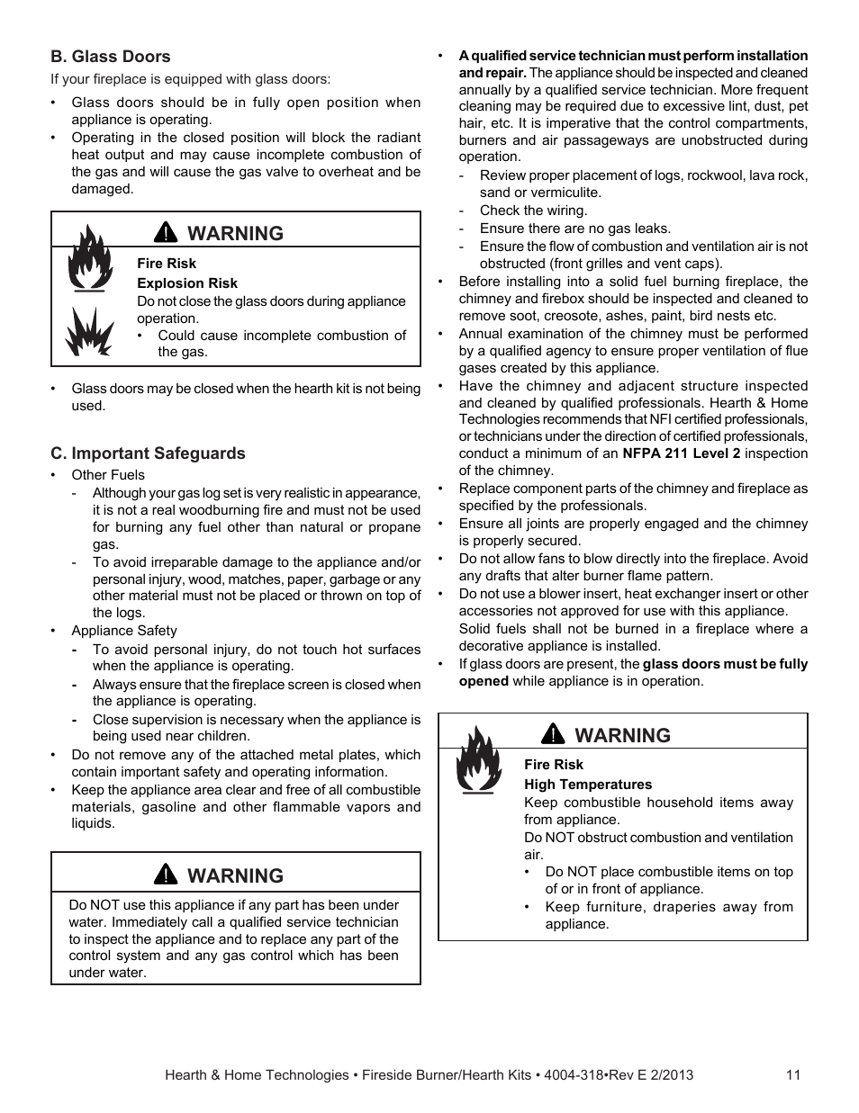 Warning | Hearth and Home Technologies Fireside Burner/Hearth Kits SP18NG User Manual | Page 11 / 21