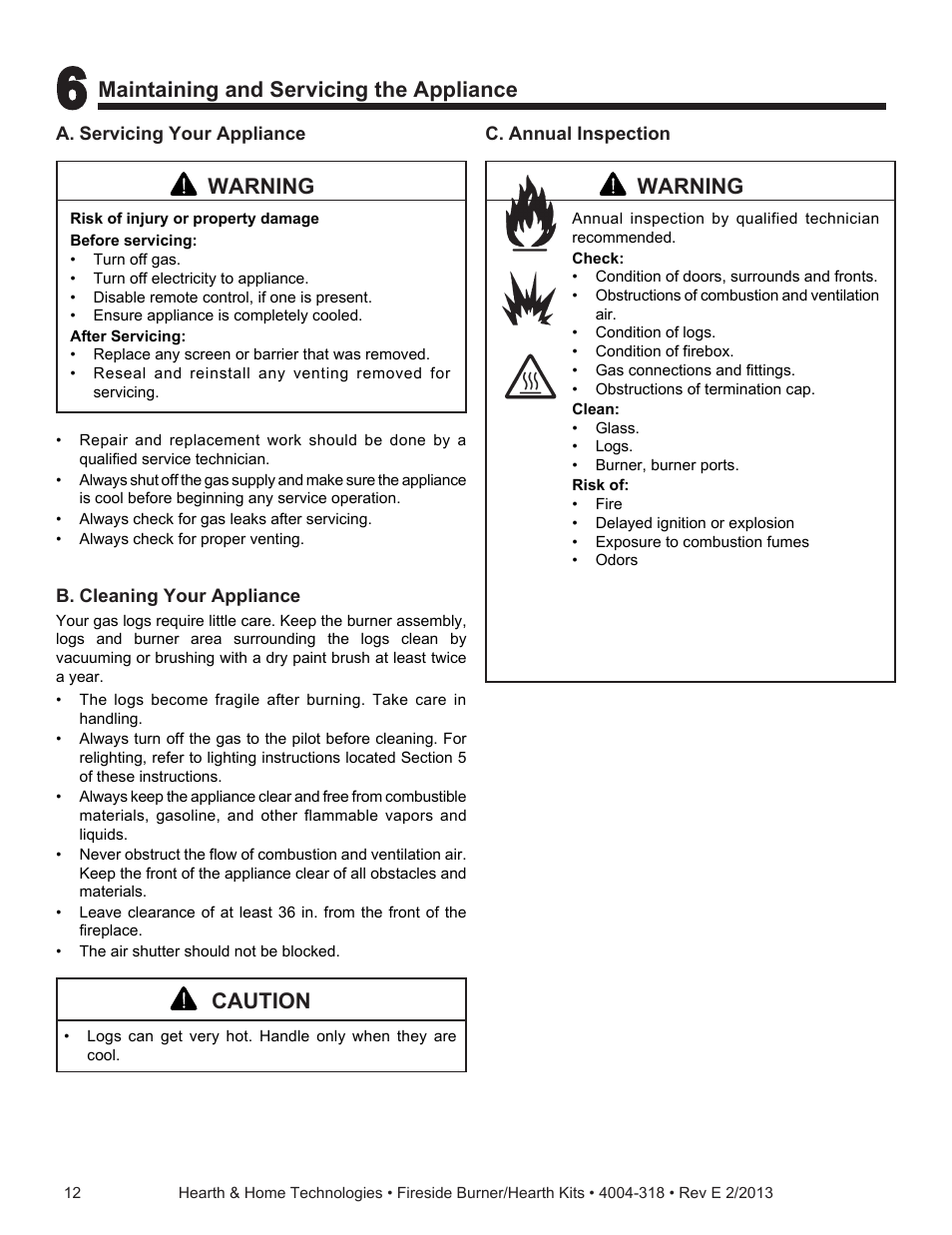 Maintaining and servicing the appliance, Caution, Warning | Hearth and Home Technologies Fireside Burner/Hearth Kits SP18NG User Manual | Page 12 / 21