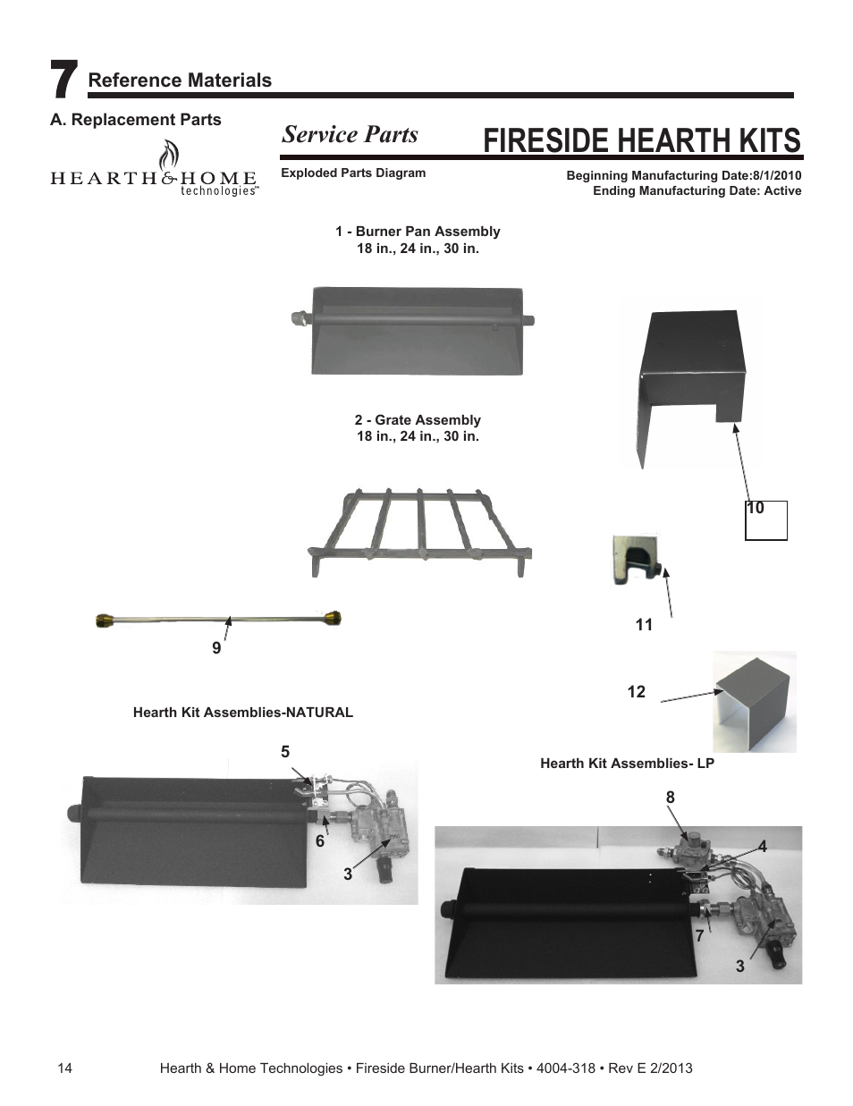 Fireside hearth kits, Service parts | Hearth and Home Technologies Fireside Burner/Hearth Kits SP18NG User Manual | Page 14 / 21