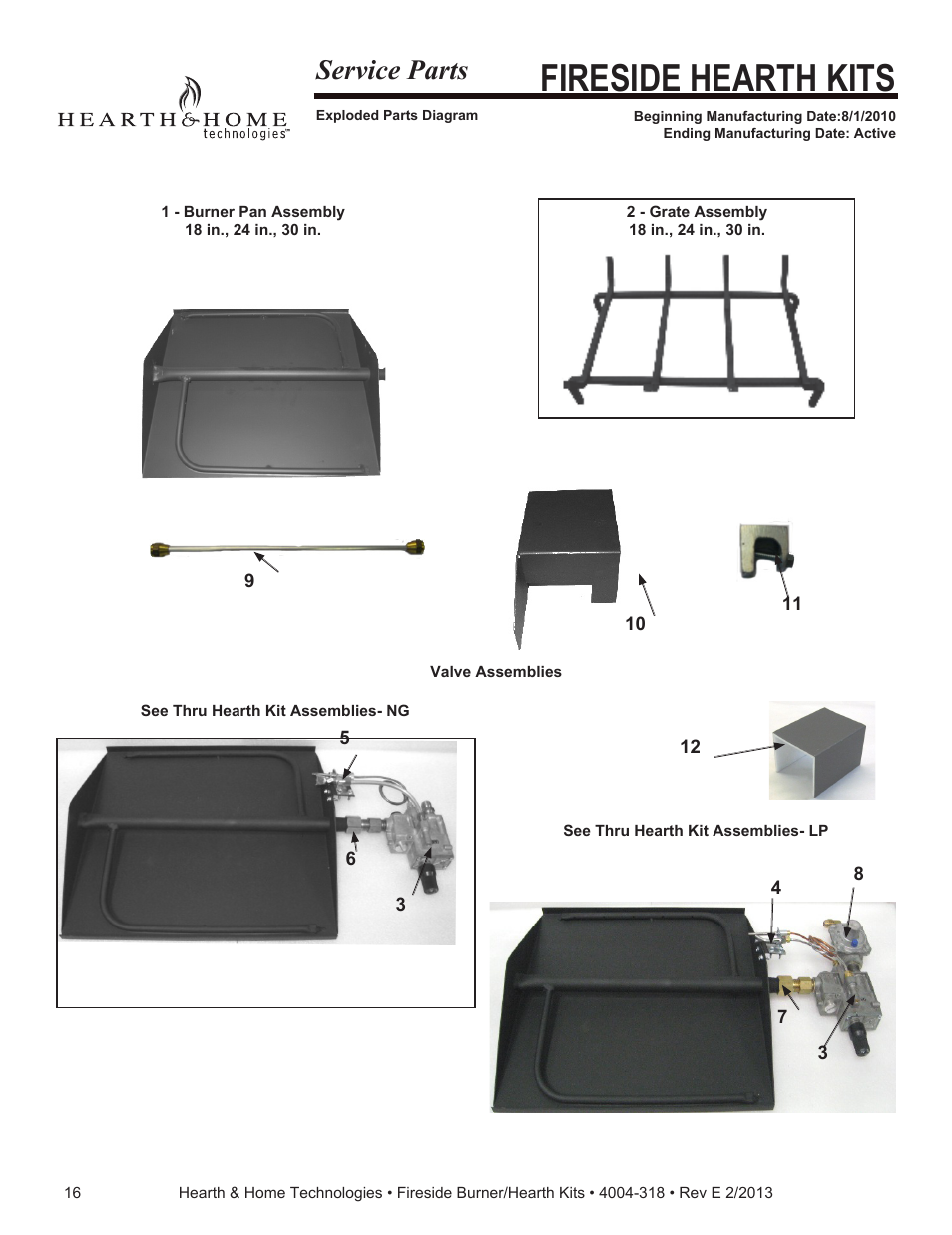 Fireside hearth kits, Service parts | Hearth and Home Technologies Fireside Burner/Hearth Kits SP18NG User Manual | Page 16 / 21