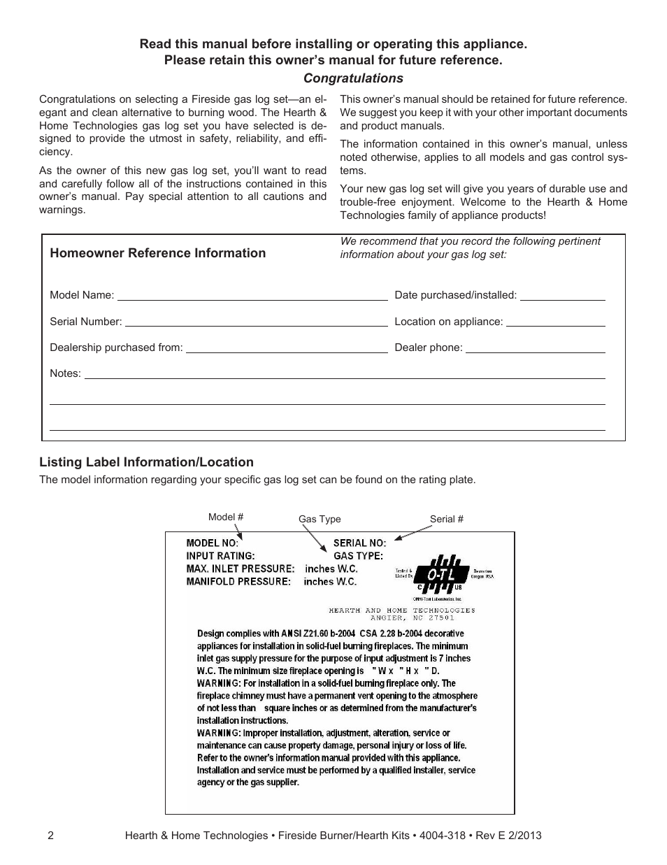 Hearth and Home Technologies Fireside Burner/Hearth Kits SP18NG User Manual | Page 2 / 21