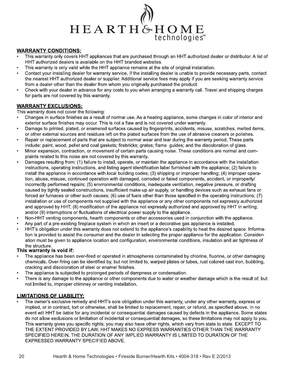 Hearth and Home Technologies Fireside Burner/Hearth Kits SP18NG User Manual | Page 20 / 21