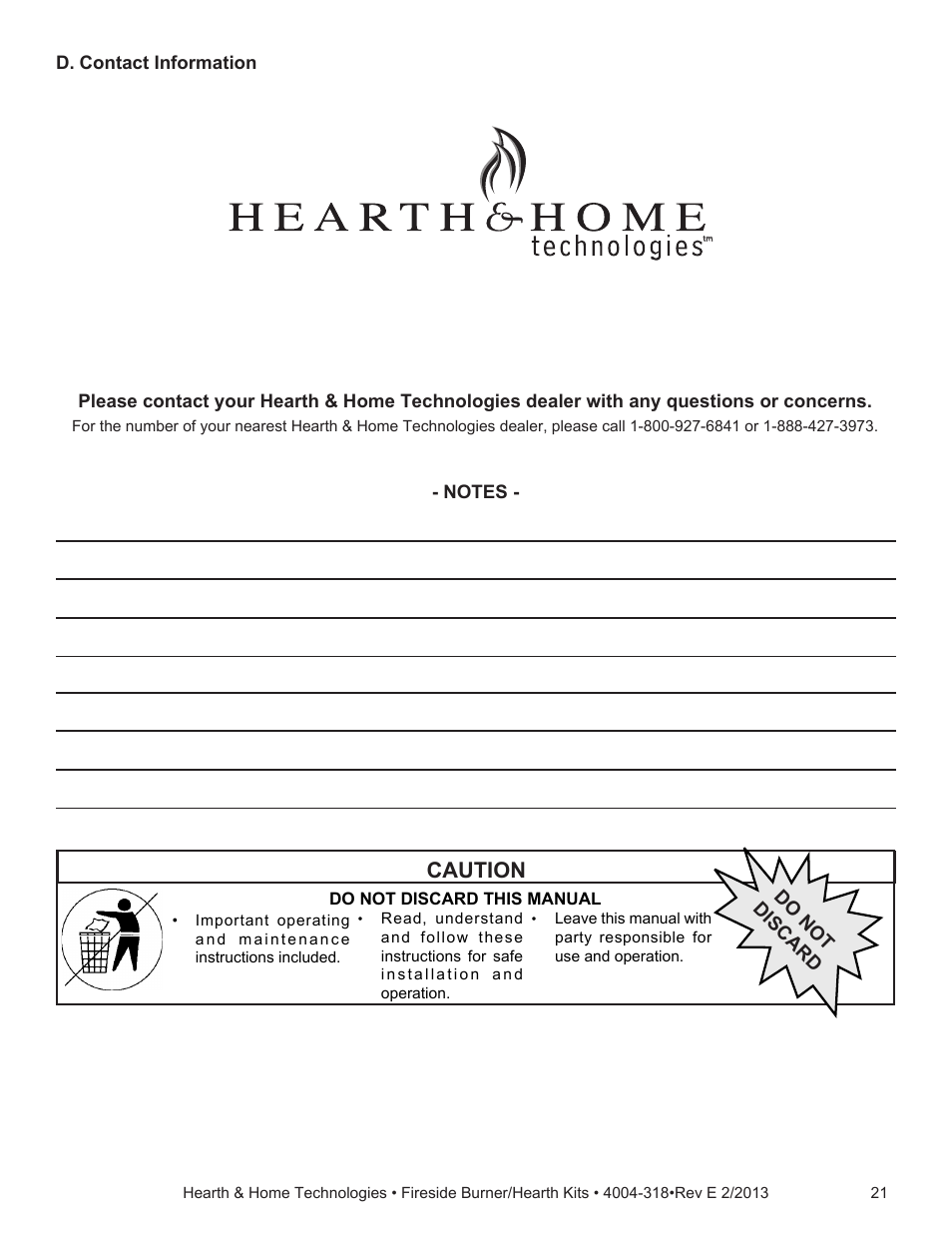 Caution | Hearth and Home Technologies Fireside Burner/Hearth Kits SP18NG User Manual | Page 21 / 21