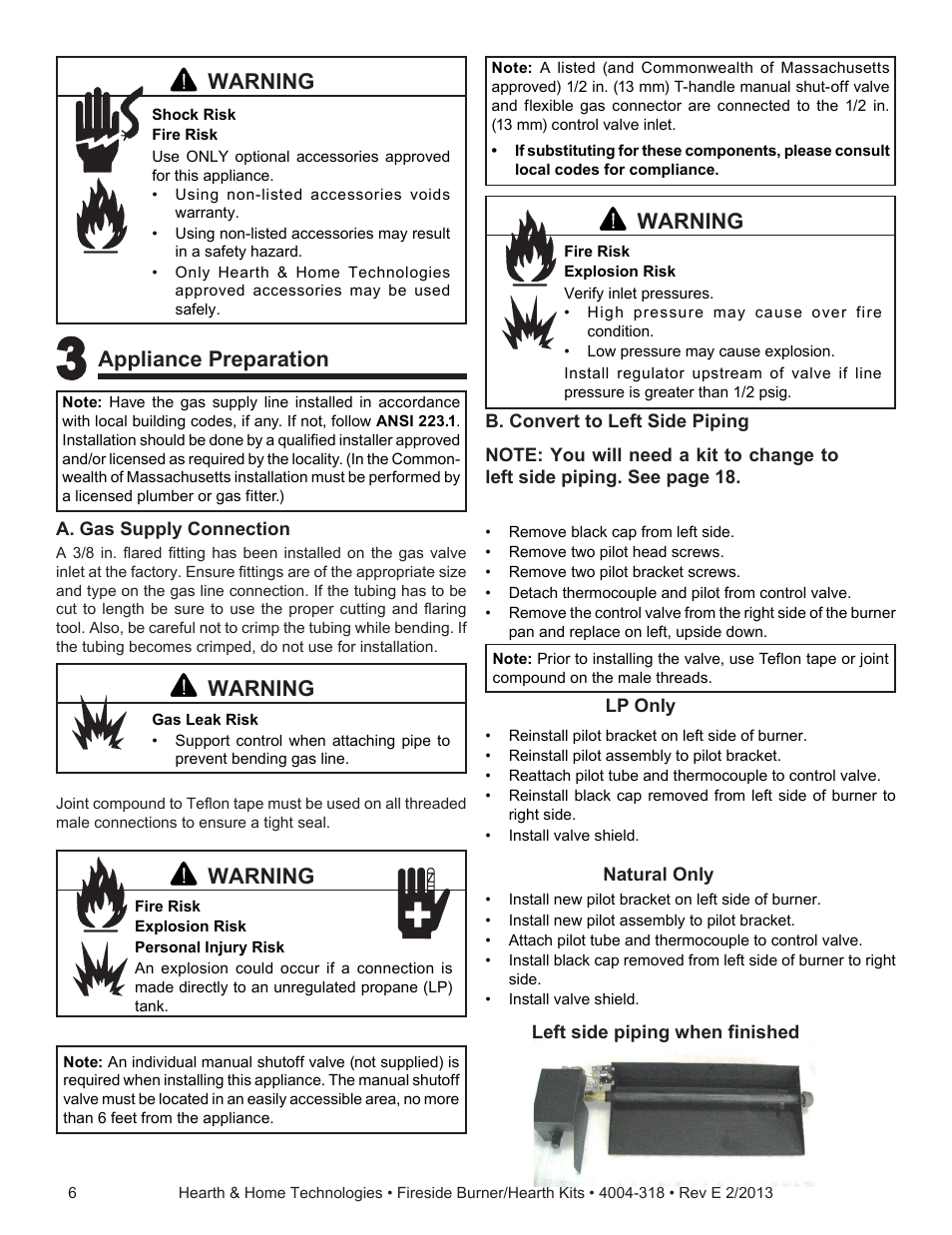 Warning, Appliance preparation | Hearth and Home Technologies Fireside Burner/Hearth Kits SP18NG User Manual | Page 6 / 21