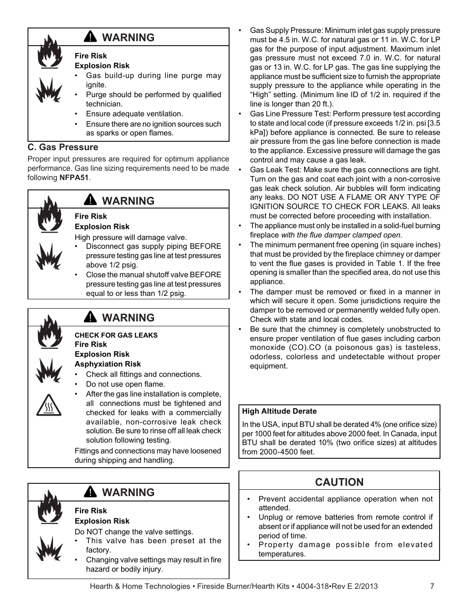 Warning, Caution | Hearth and Home Technologies Fireside Burner/Hearth Kits SP18NG User Manual | Page 7 / 21
