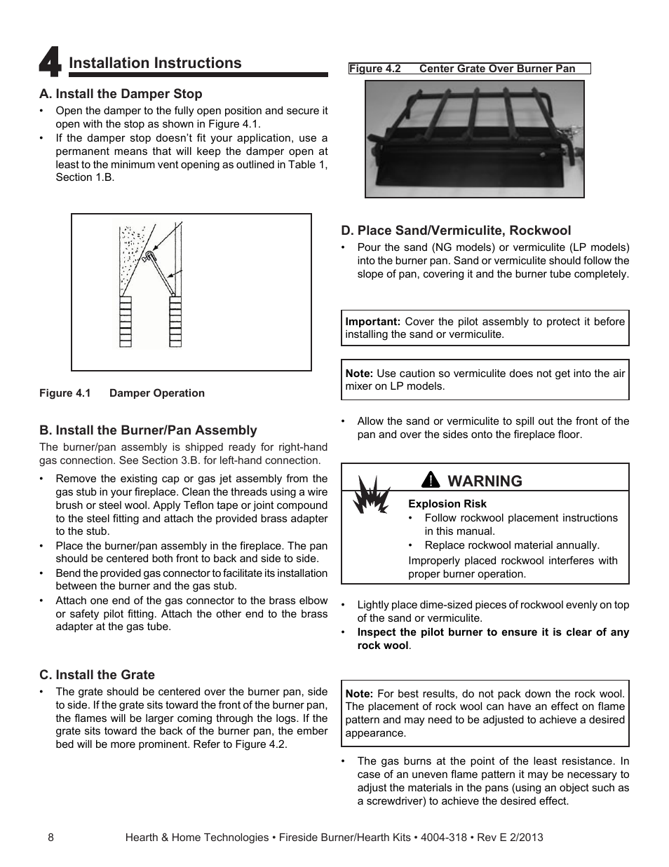 Installation instructions, Warning | Hearth and Home Technologies Fireside Burner/Hearth Kits SP18NG User Manual | Page 8 / 21