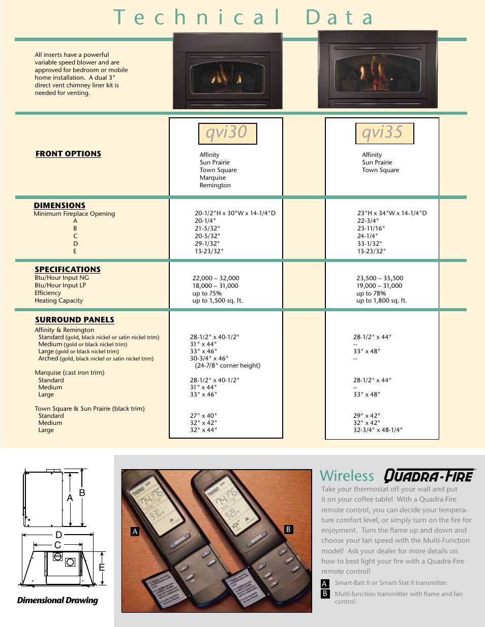 Qvi35 qvi30, Wireless, Ed c a b | Dimensional drawing, Dimensions | Hearth and Home Technologies Direct Vent Gas Fireplace Insert User Manual | Page 7 / 8