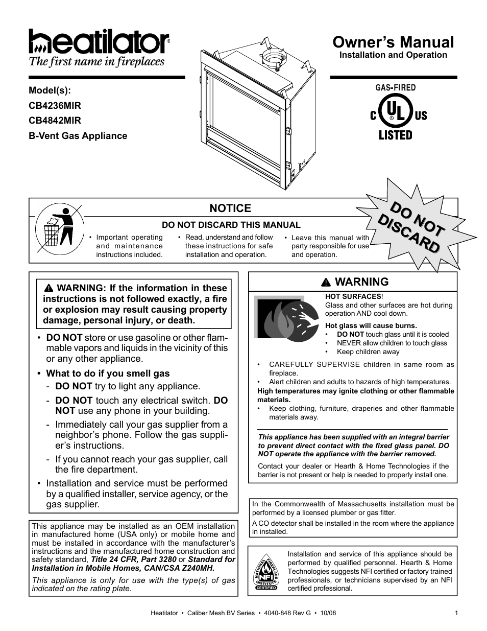 Hearth and Home Technologies B-Vent Gas Appliance CB4842MIR User Manual | 44 pages