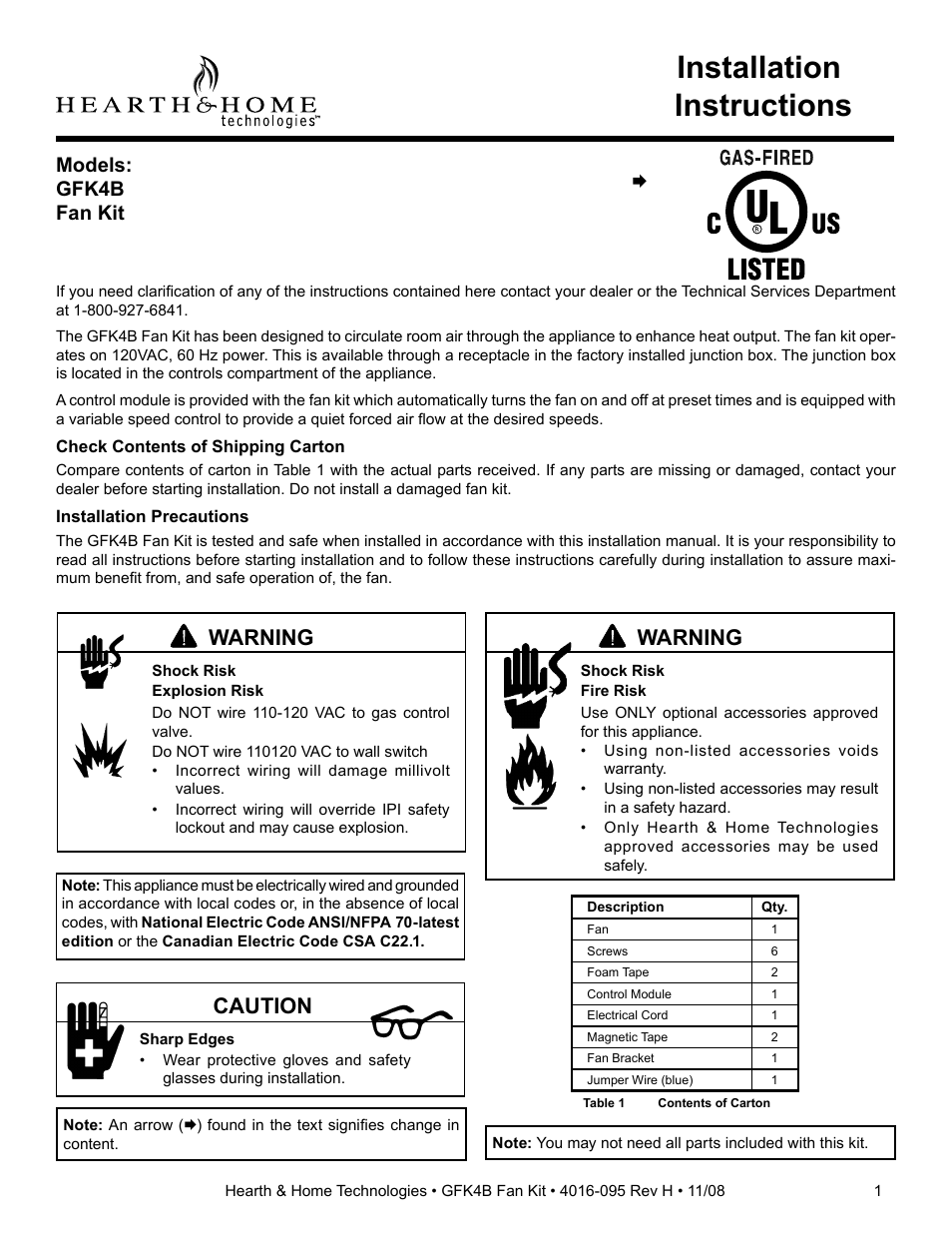 Hearth and Home Technologies GFK4B User Manual | 4 pages