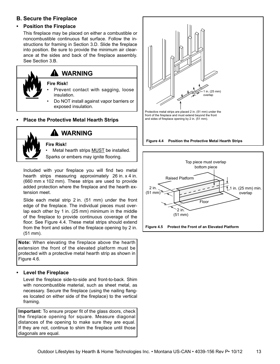 Warning, B. secure the fireplace | Hearth and Home Technologies MONTANA 42  EN User Manual | Page 13 / 44