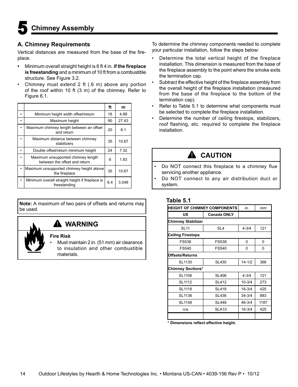 Caution, Warning, Chimney assembly | A. chimney requirements, Table 5.1 | Hearth and Home Technologies MONTANA 42  EN User Manual | Page 14 / 44