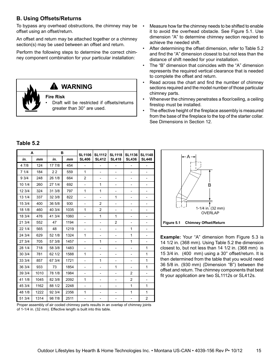 Warning, B. using offsets/returns, Table 5.2 | Hearth and Home Technologies MONTANA 42  EN User Manual | Page 15 / 44