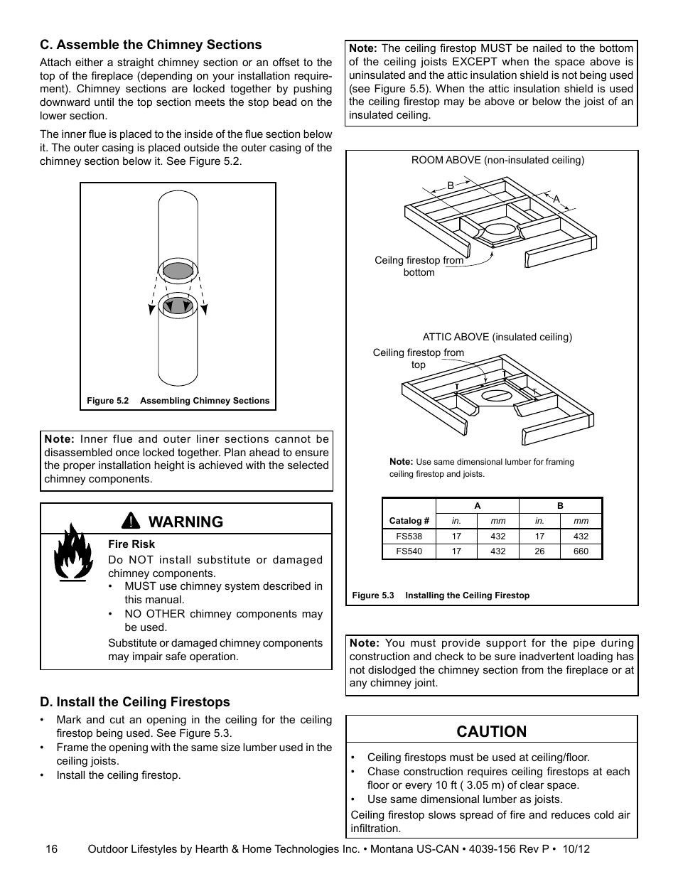 Caution, Warning, D. install the ceiling firestops | Hearth and Home Technologies MONTANA 42  EN User Manual | Page 16 / 44
