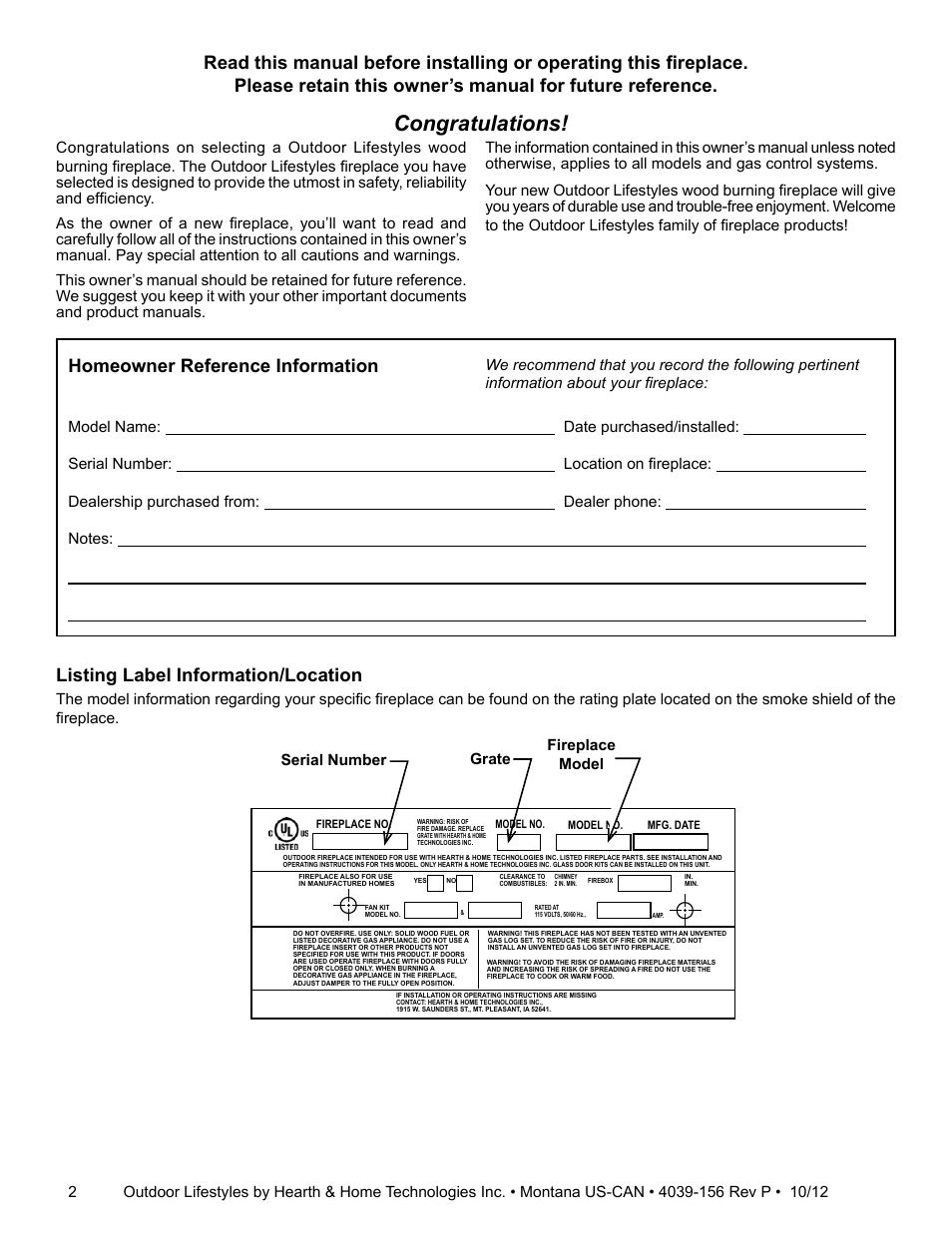 Homeowner reference information, Listing label information/location, Grate serial number | Fireplace model | Hearth and Home Technologies MONTANA 42  EN User Manual | Page 2 / 44