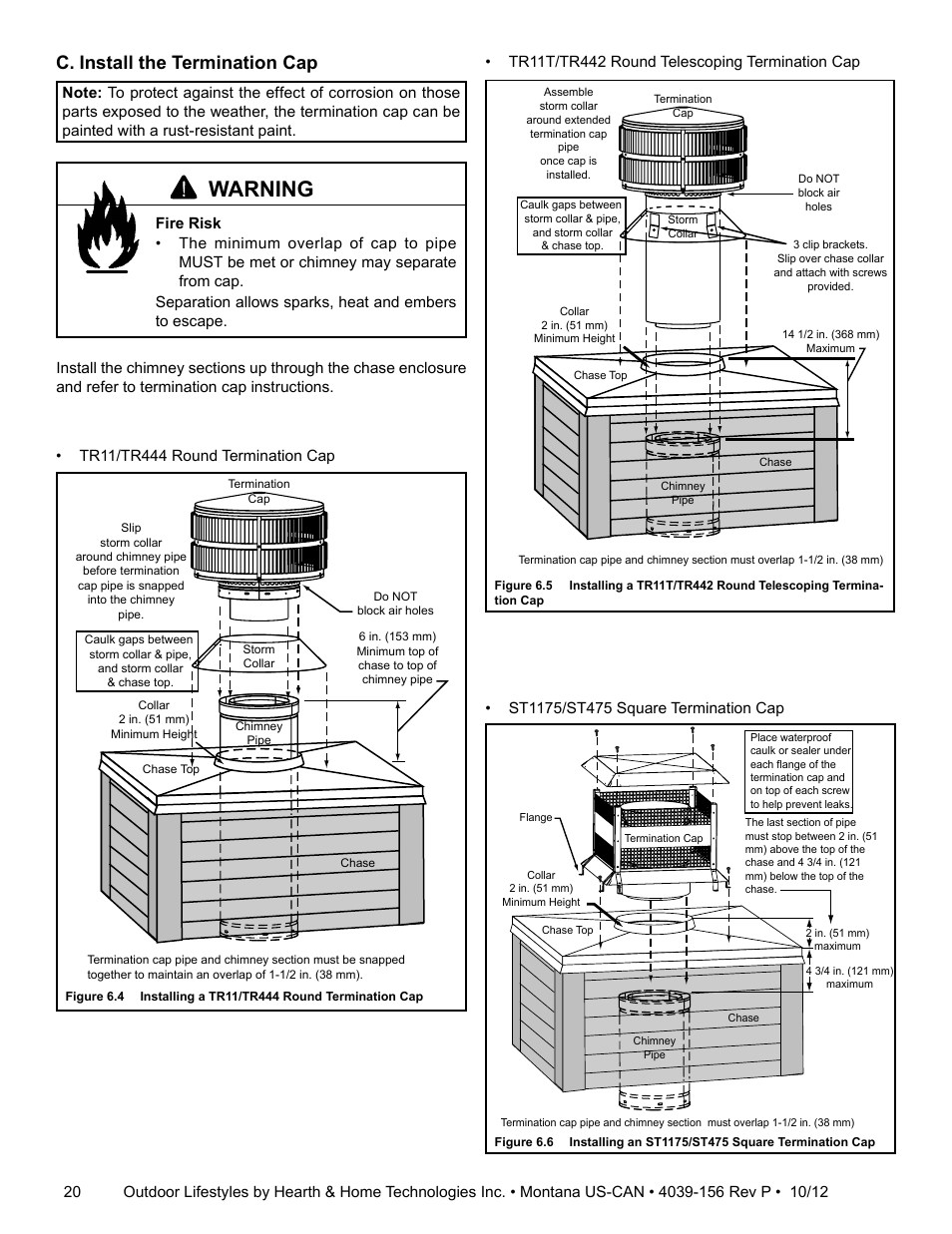 Warning, C. install the termination cap | Hearth and Home Technologies MONTANA 42  EN User Manual | Page 20 / 44