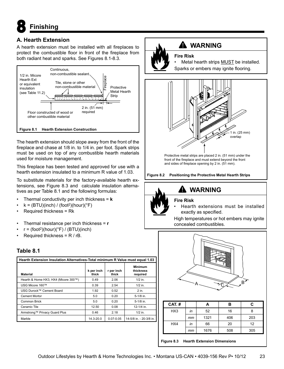 Finishing, Warning, A. hearth extension | Table 8.1 | Hearth and Home Technologies MONTANA 42  EN User Manual | Page 23 / 44