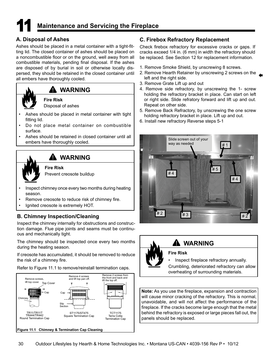 Warning, Maintenance and servicing the fireplace, A. disposal of ashes | B. chimney inspection/cleaning, C. firebox refractory replacement | Hearth and Home Technologies MONTANA 42  EN User Manual | Page 30 / 44