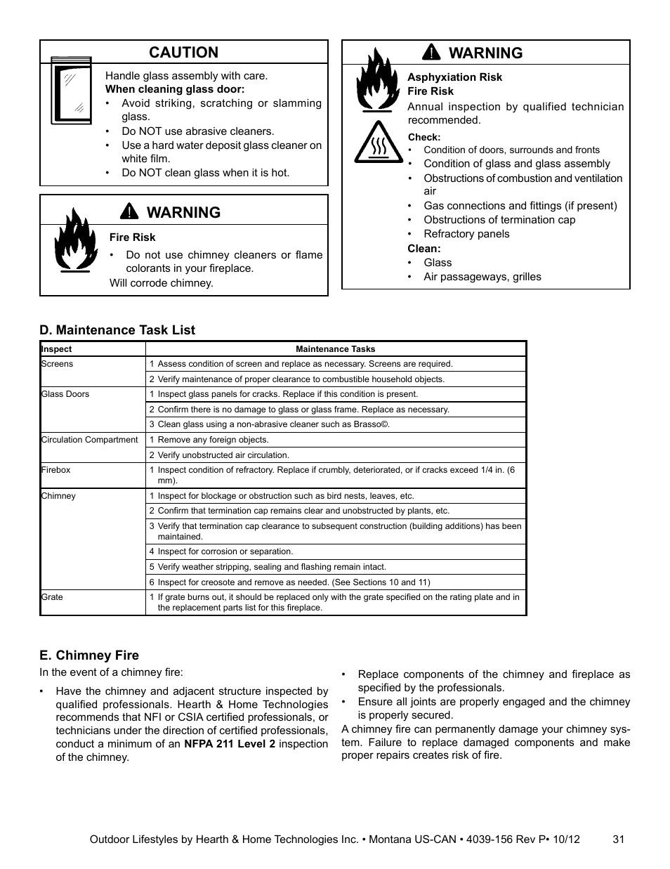 Warning, Caution, D. maintenance task list | E. chimney fire | Hearth and Home Technologies MONTANA 42  EN User Manual | Page 31 / 44