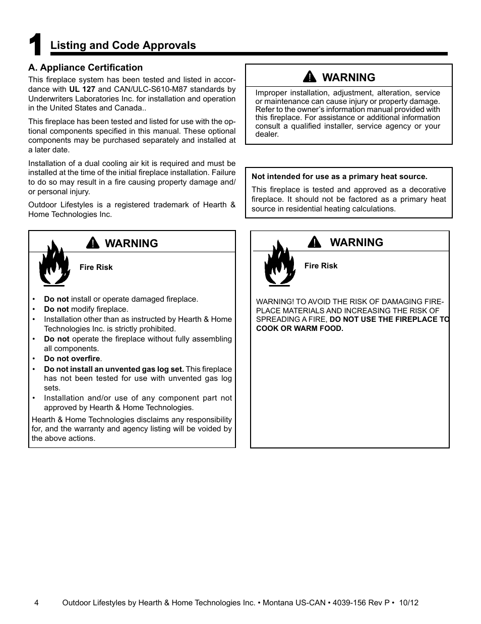 Listing and code approvals, Warning | Hearth and Home Technologies MONTANA 42  EN User Manual | Page 4 / 44
