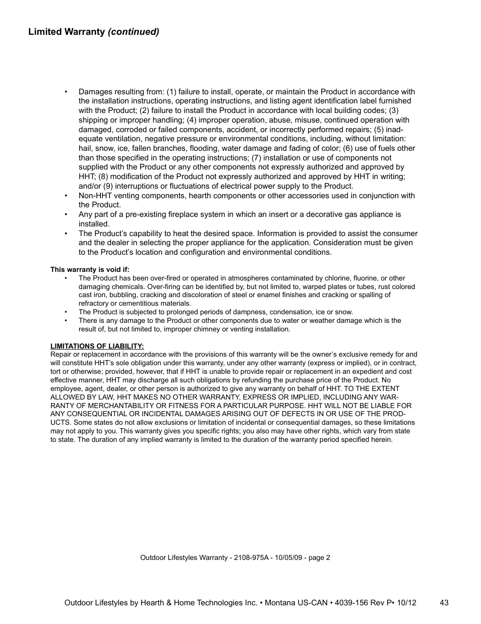 Limited warranty (continued) | Hearth and Home Technologies MONTANA 42  EN User Manual | Page 43 / 44