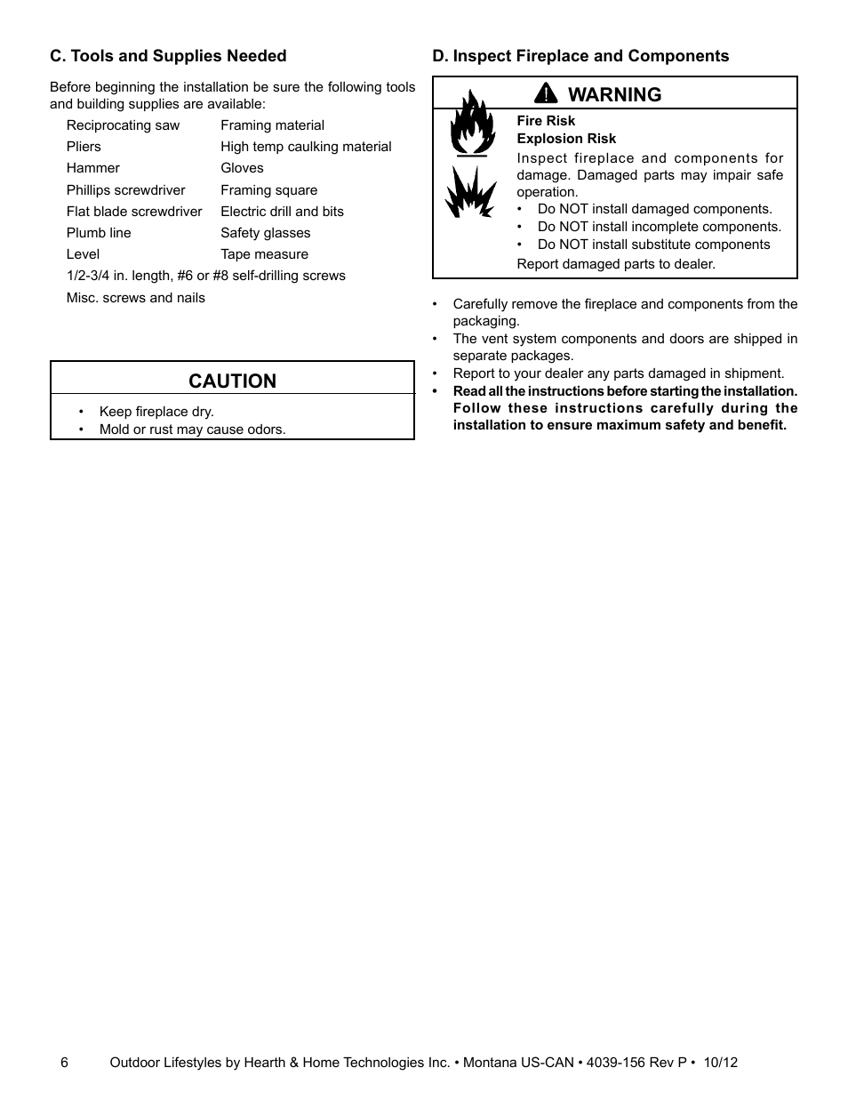 Caution, Warning | Hearth and Home Technologies MONTANA 42  EN User Manual | Page 6 / 44