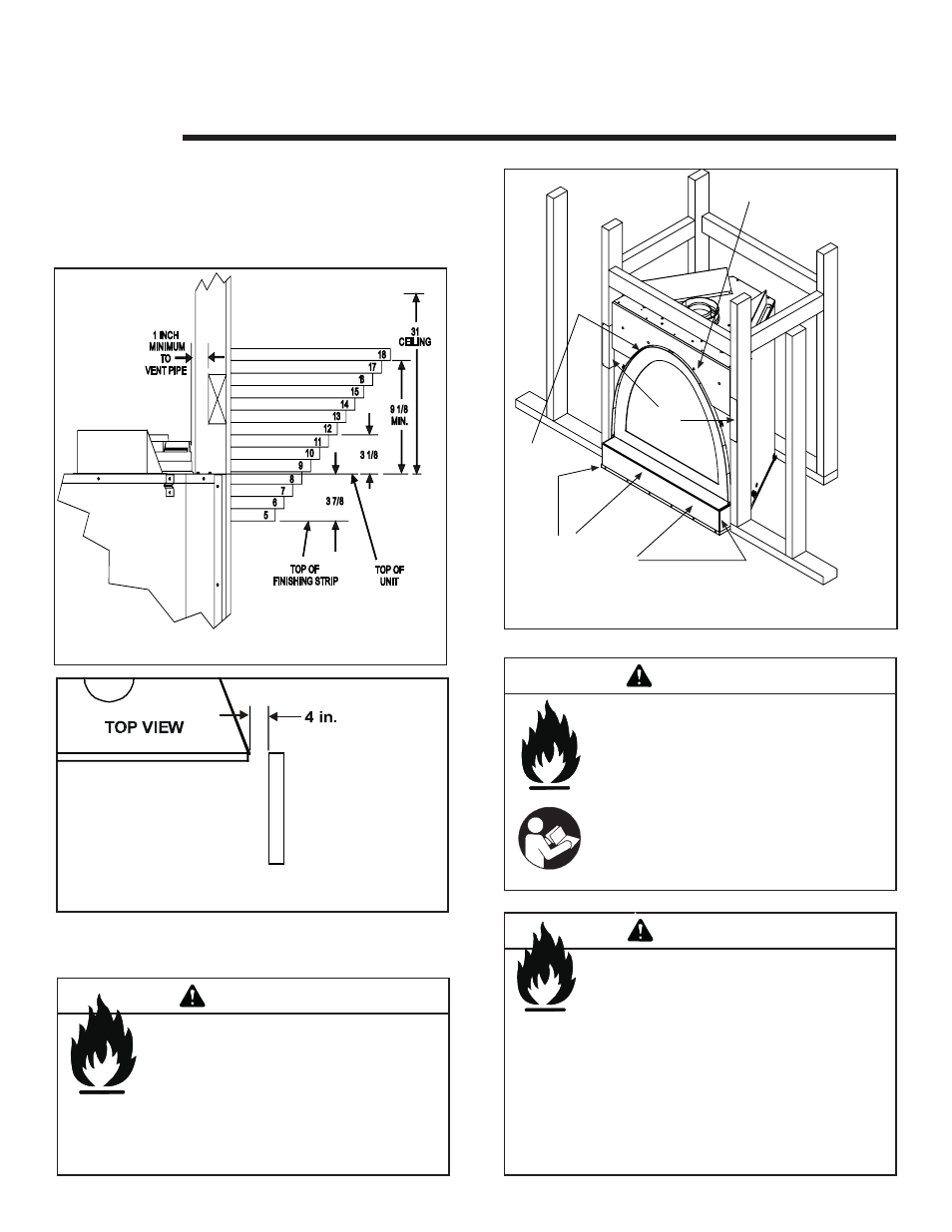 Finishing, Warning, A. mantel projections | B. facing material | Hearth and Home Technologies Bravo User Manual | Page 31 / 61