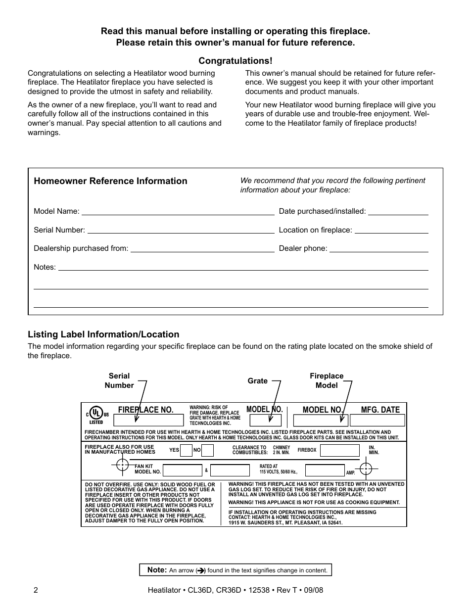 Listing label information/location, Fireplace no. model no. model no. mfg. date | Hearth and Home Technologies CR36D User Manual | Page 2 / 48