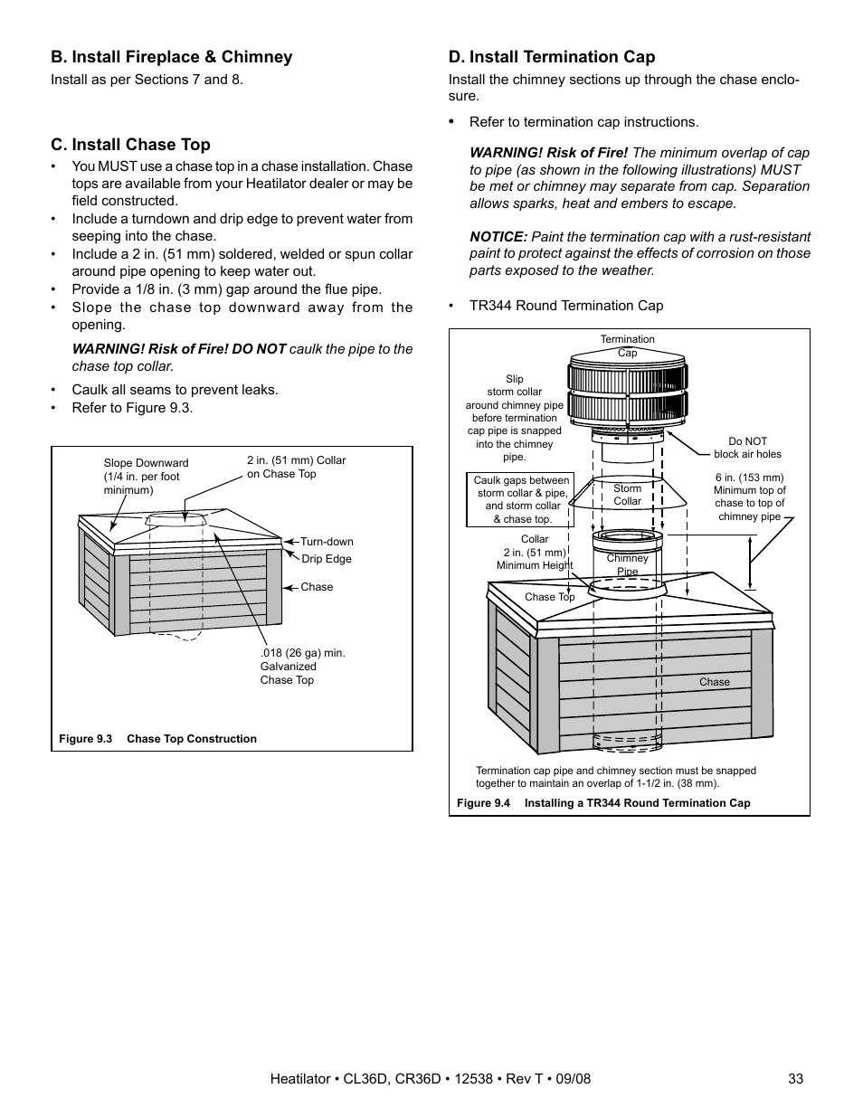 B. install fireplace & chimney, D. install termination cap, C. install chase top | Hearth and Home Technologies CR36D User Manual | Page 33 / 48