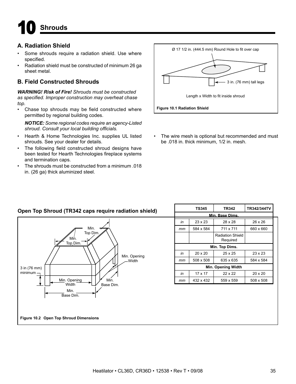Shrouds, A. radiation shield, B. field constructed shrouds | Hearth and Home Technologies CR36D User Manual | Page 35 / 48
