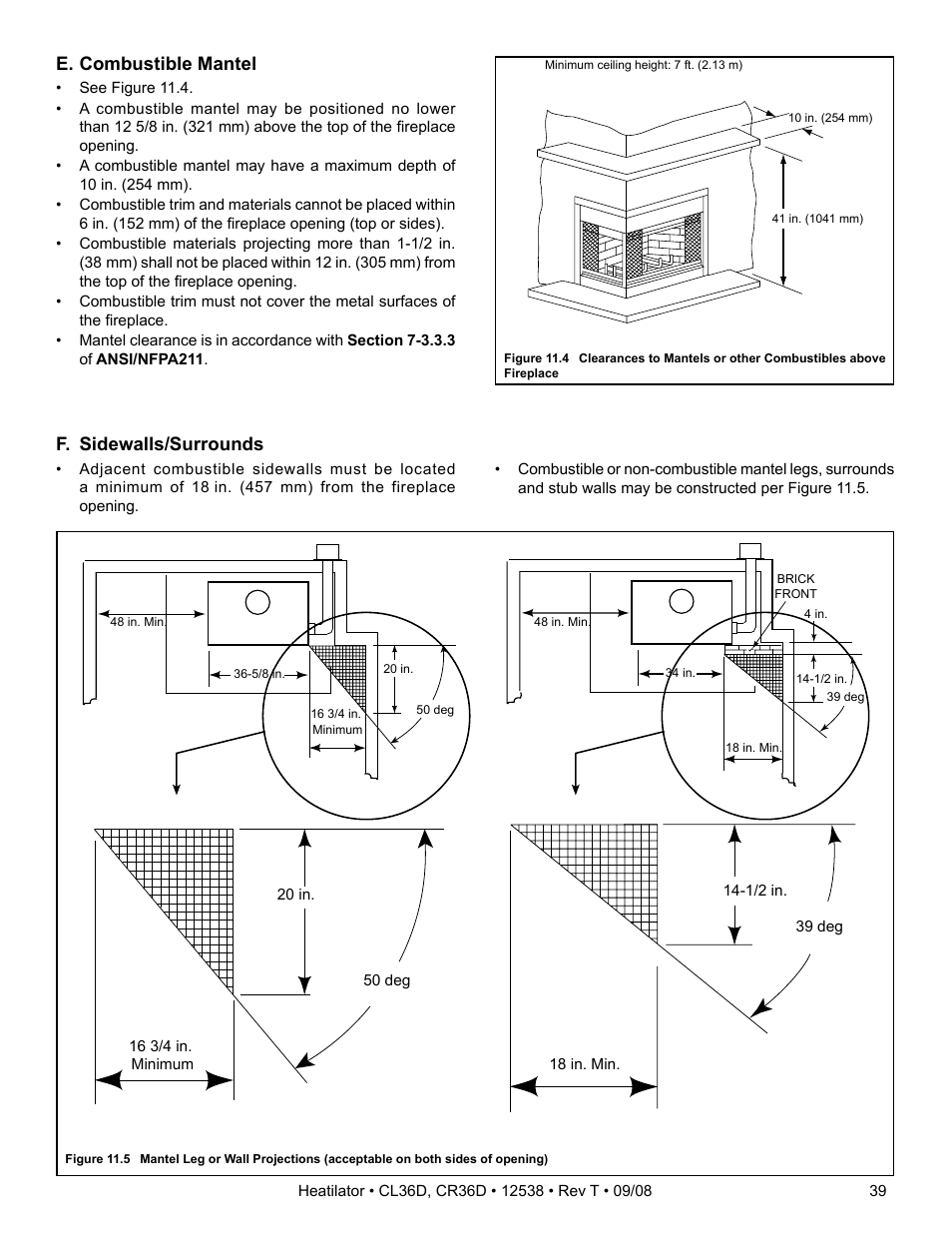 E. combustible mantel, F. sidewalls/surrounds | Hearth and Home Technologies CR36D User Manual | Page 39 / 48