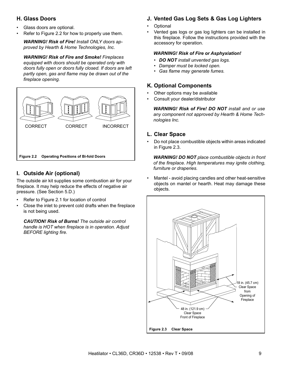 I. outside air (optional), H. glass doors, J. vented gas log sets & gas log lighters | K. optional components, L. clear space | Hearth and Home Technologies CR36D User Manual | Page 9 / 48
