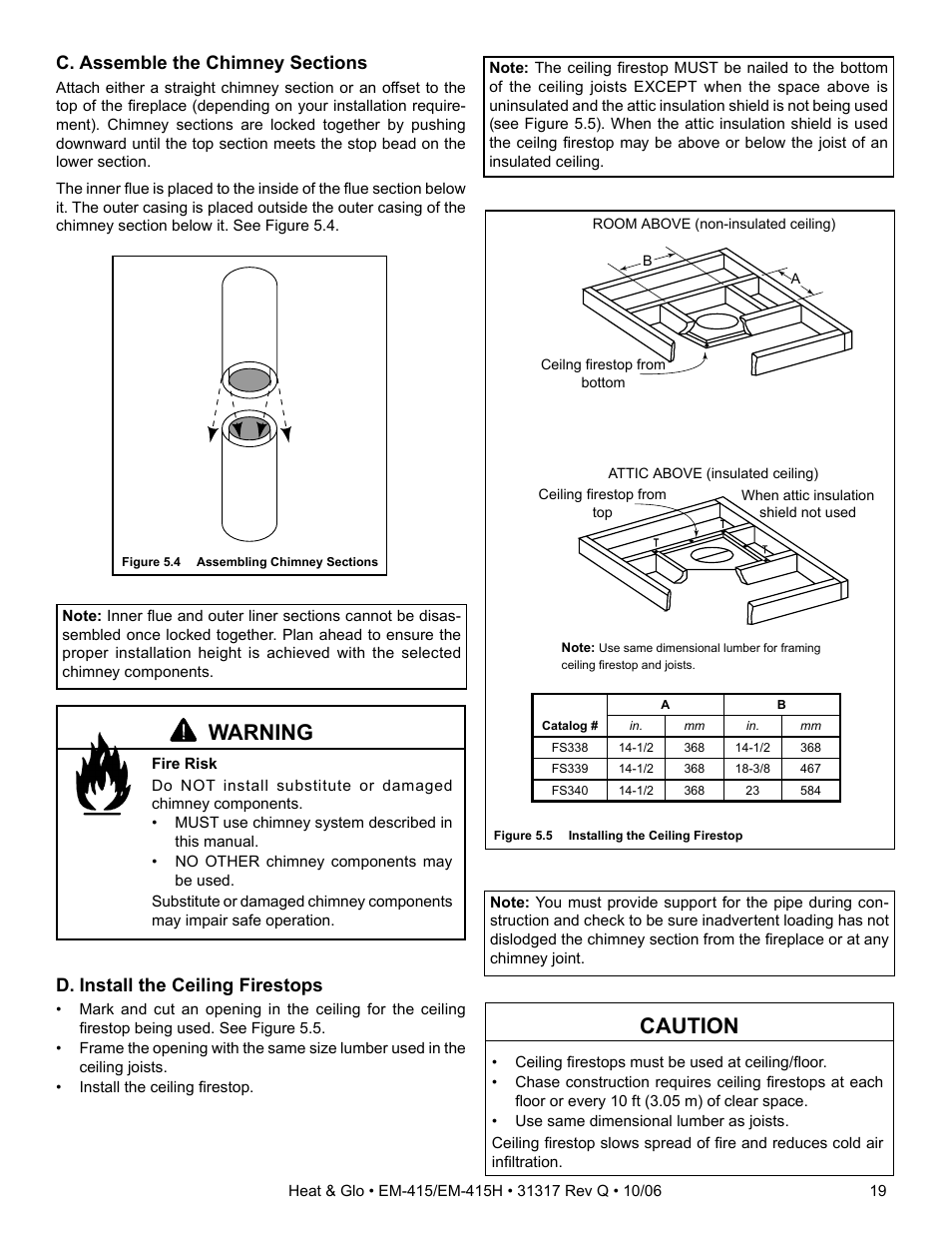 Caution, Warning, D. install the ceiling firestops | Hearth and Home Technologies EM-415 User Manual | Page 19 / 48