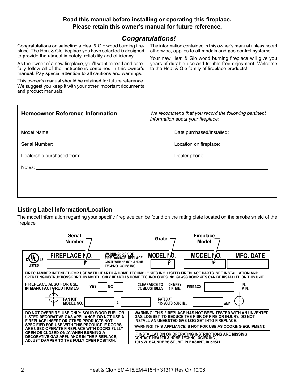 Homeowner reference information, Listing label information/location | Hearth and Home Technologies EM-415 User Manual | Page 2 / 48